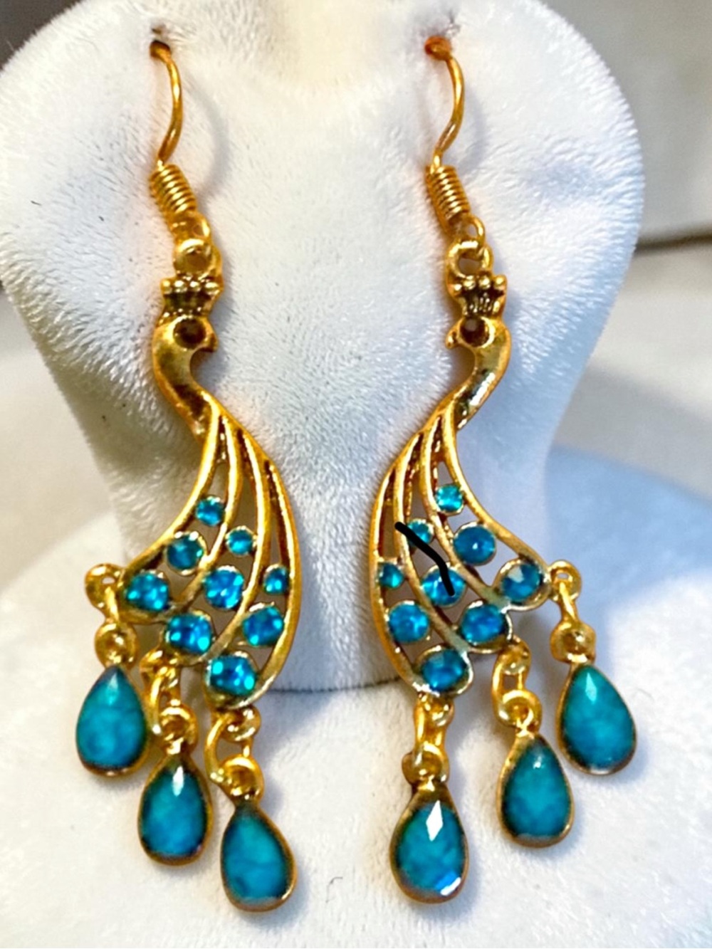 Gold-Tone Contemporary Peacock Earrings with Deep Teal Teardrops
